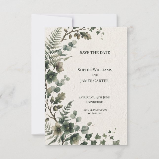 Dark Green Woodland Fern Wedding Save The Date (Front)