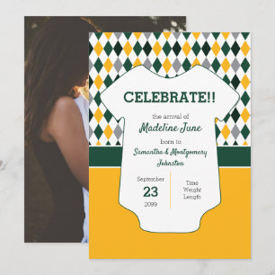 Dark Green & Yellow Argyle Pattern Baby Photo Announcement