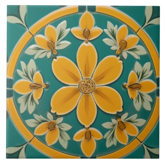 Dark Green & Yellow Flower Floral Mediterranean Ceramic Tile (Front)