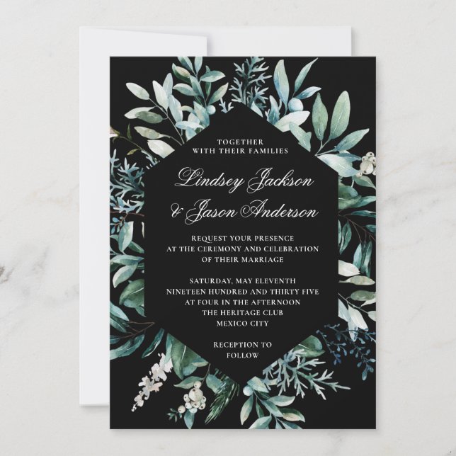 Dark Greenery Moody Elegant Floral Wedding Invitation (Front)