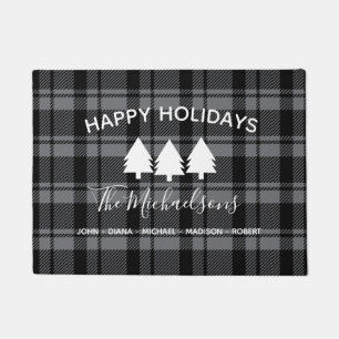 Dark Grey and Black Plaid with Monogram Name Doormat