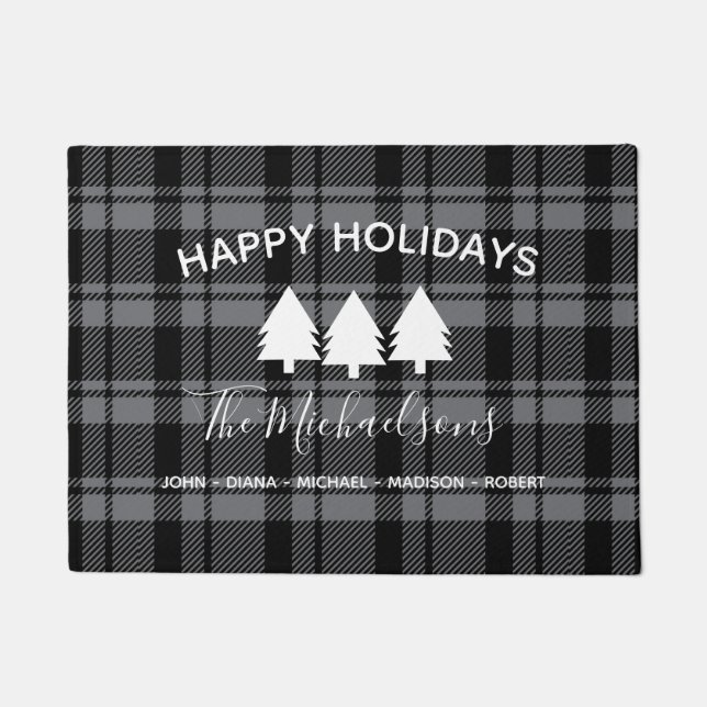 Dark Grey and Black Plaid with Monogram Name Doormat (Front)