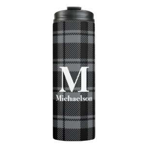Dark Grey and Black Plaid with Monogram Name Thermal Tumbler