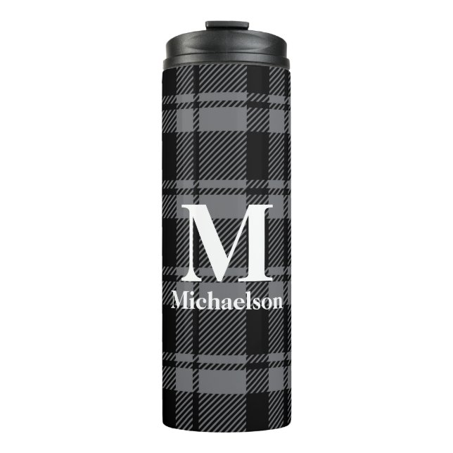 Dark Grey and Black Plaid with Monogram Name  Thermal Tumbler (Front)