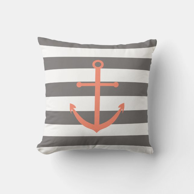 Dark Grey and Coral Anchor Pillow (Front)