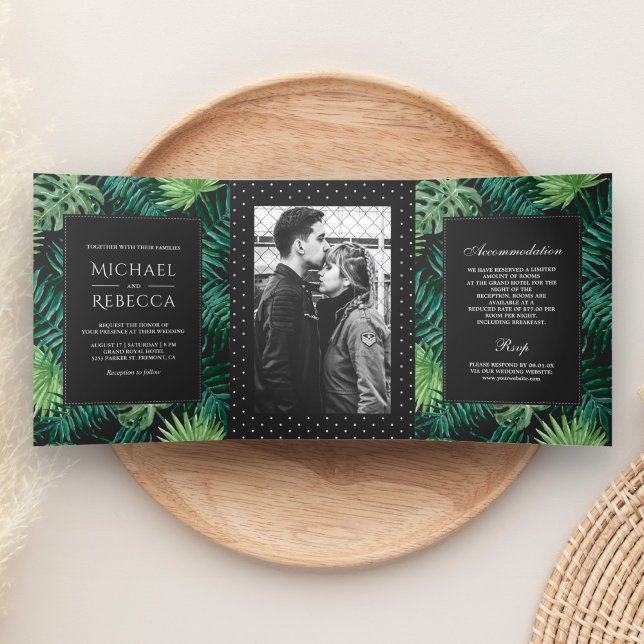 Dark Grey and Green Foliage Photo Wedding Tri-Fold Invitation (Creator Uploaded)