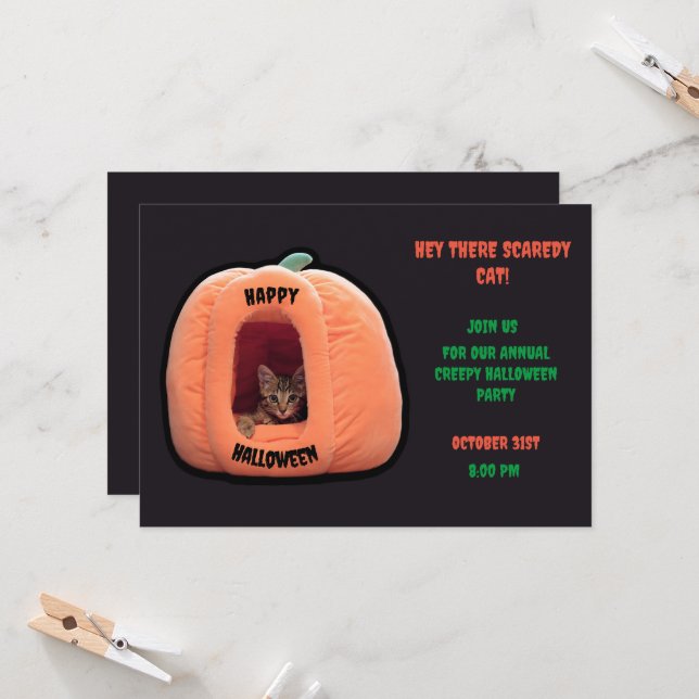 Dark Grey and orange Pumpkin Kitten Halloween  Invitation (Front/Back In Situ)