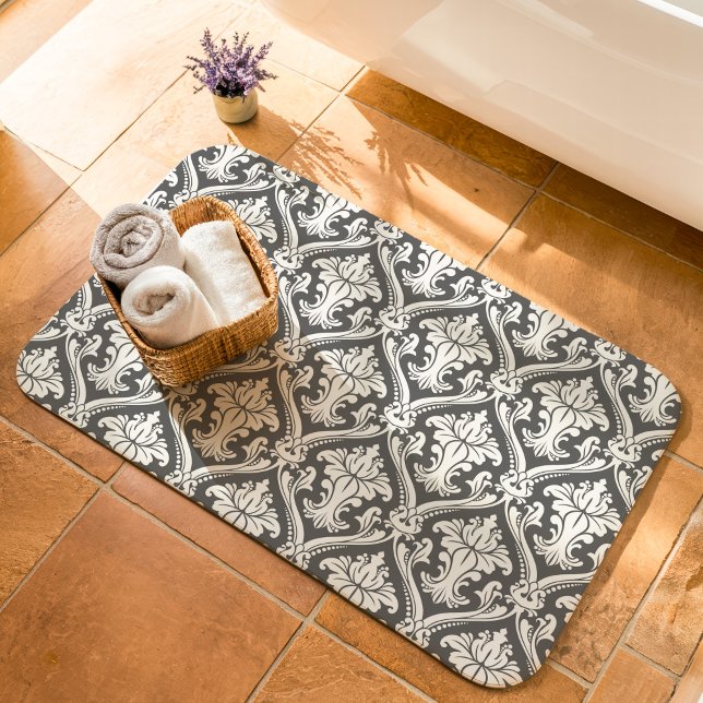 Dark Grey and White Baroque Damask Pattern Bath Mat (Creator Uploaded)
