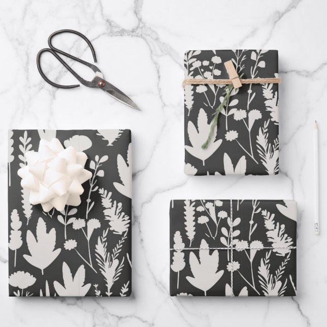 Dark Grey and White Herbs Plants Pattern Floral Wrapping Paper Sheet (Front)