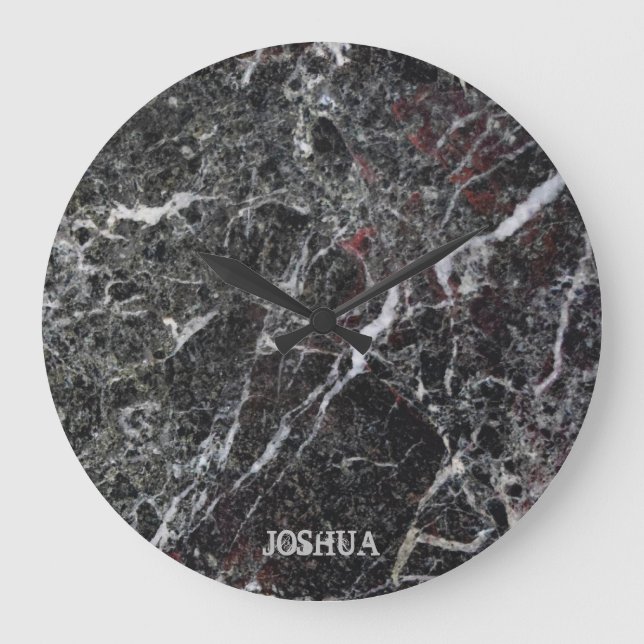 Dark Grey And White Marble Stone Monogram Large Clock (Front)