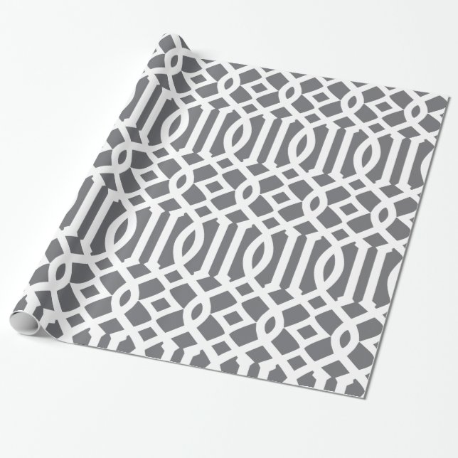 Dark Grey and White Trellis Pattern Wrapping Paper (Unrolled)