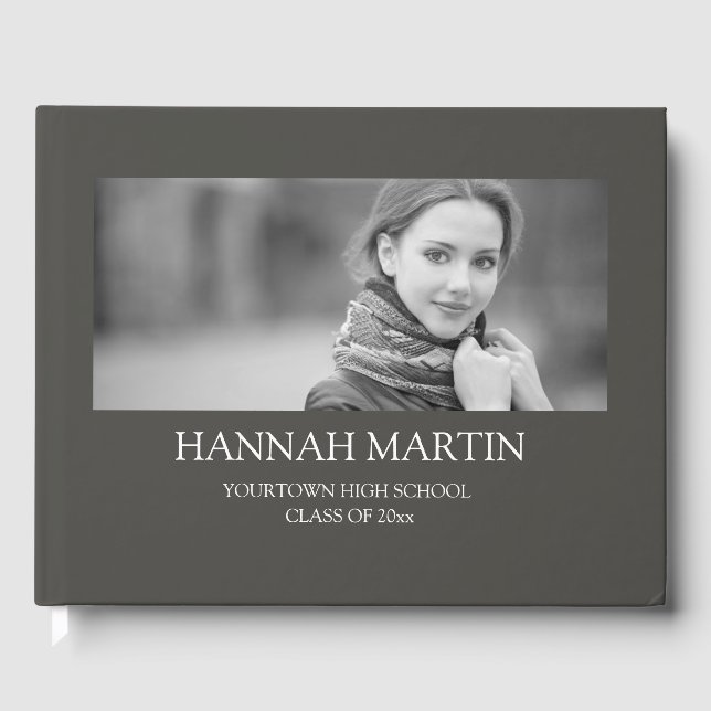 Dark Grey Any Photo Black White Graduation Guest Book (Front)