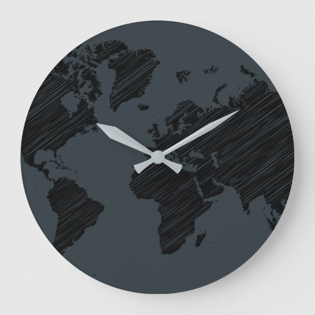 Dark Grey & Black Abstract World Map Design Large Clock (Front)