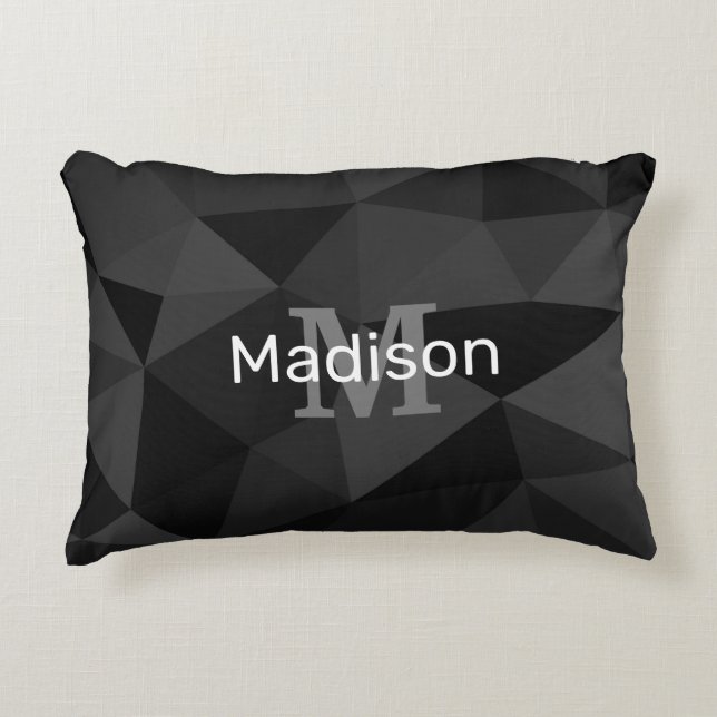 Dark grey black geometric mesh pattern Monogram Decorative Cushion (Front)