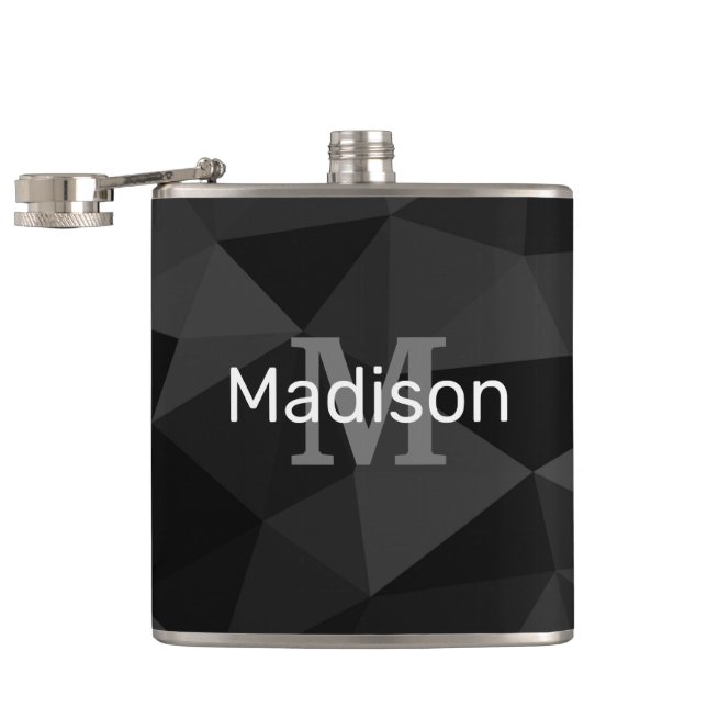 Dark grey black geometric mesh pattern Monogram Hip Flask (Opened)