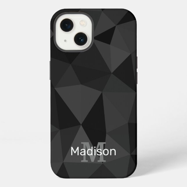 Dark grey black geometric mesh pattern Monogram iPhone Case (Back)