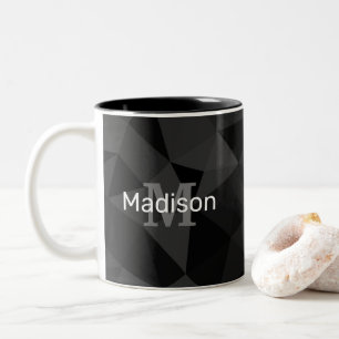 Dark grey black geometric mesh pattern Monogram Two-Tone Coffee Mug