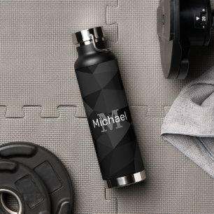 Dark grey black geometric mesh pattern Monogram Water Bottle