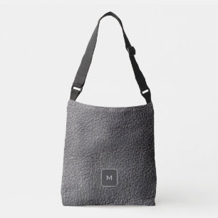 Dark grey black leather photo print monogrammed crossbody bag
