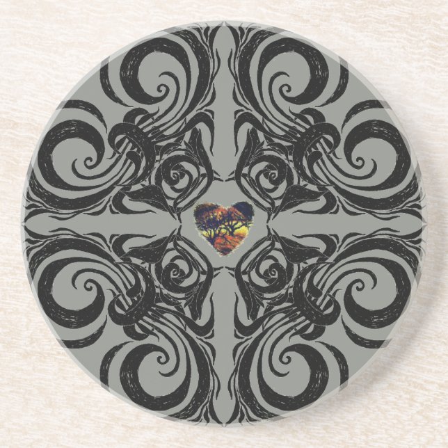 Dark Grey & Black Pattern & Little Heart Coaster (Front)