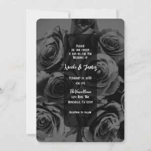 Dark Grey & Black Roses Floral Bouquet Wedding Invitation