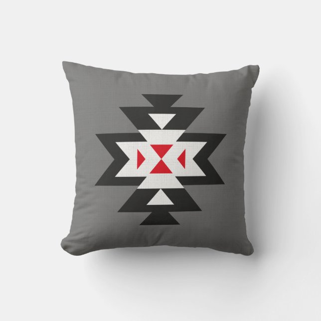 Dark Grey Black White Red Aztec Pattern Cushion (Front)