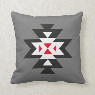 Dark Grey Black White Red Aztec Pattern Cushion