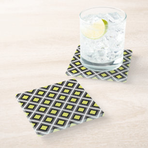 Dark Grey, Black, Yellow Ikat Diamonds by STaylor Glass Coaster