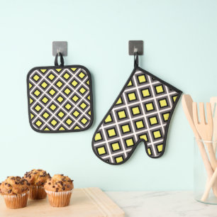 Dark Grey, Black, Yellow Ikat Diamonds by STaylor Oven Mitt & Pot Holder Set