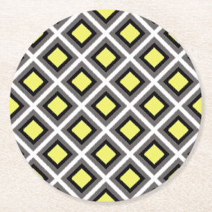 Dark Grey, Black, Yellow Ikat Diamonds by STaylor Round Paper Coaster