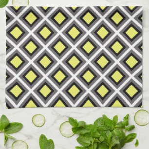 Dark Grey, Black, Yellow Ikat Diamonds by STaylor Tea Towel