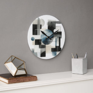 Dark Grey Blue Beige Black Abstract Art Pattern Large Clock