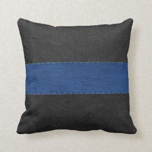 Dark-Grey & Blue Stitched Leather Print Cushion