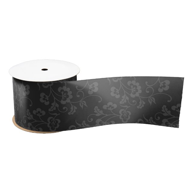 Dark Grey Botanical Floral Pattern Satin Ribbon (Spool)