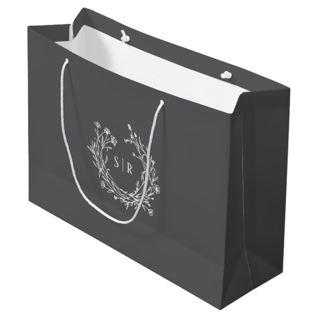 Dark Grey Botanical Monogram Wedding Welcome Guest Large Gift Bag (Front Angled)