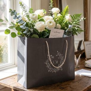 Dark Grey Botanical Monogram Wedding Welcome Guest Large Gift Bag