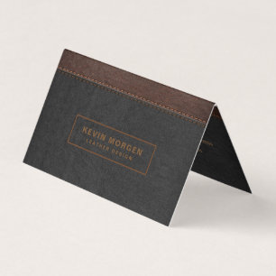 Dark Grey & Brown Stitched Faux Leather Business Card