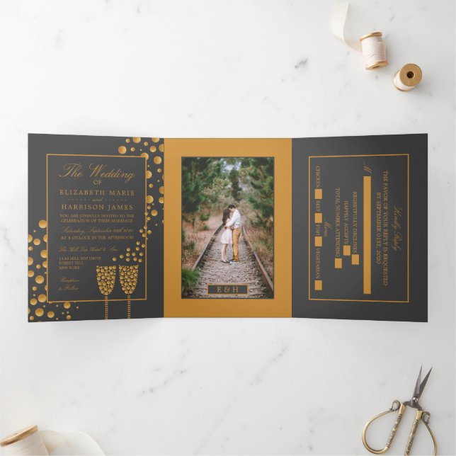 Dark Grey Champagne Bubbles, Wedding Suite Tri-Fold Invitation (Inside)