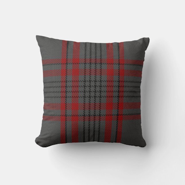 Dark Grey Charcoal Black Red Tartan Plaid Cushion (Front)