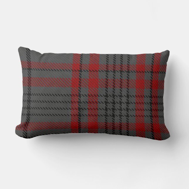 Dark Grey Charcoal Black Red Tartan Plaid Lumbar Cushion (Front)