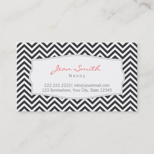 Dark Grey Chevron Stripes Nanny Business Card (Front)