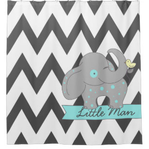 Dark Grey Chevron with Blue Polka-dots Elephant Shower Curtain