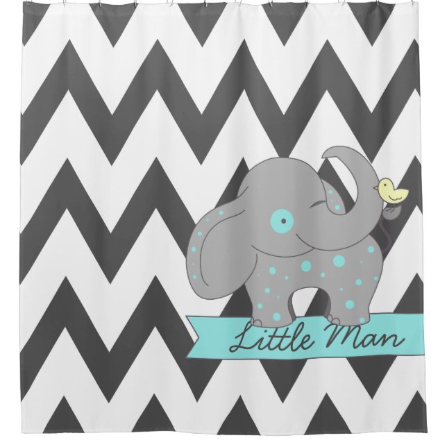 Dark Grey Chevron with Blue Polka-dots Elephant Shower Curtain (Front)