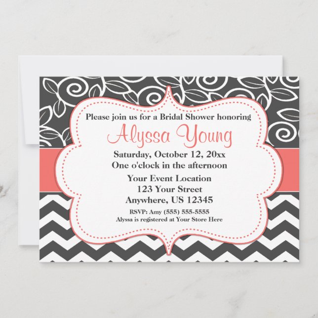Dark Grey Coral Chevron Scroll Invitation (Front)