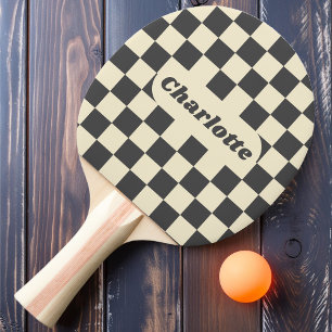 Dark Grey & Cream Chequered with Name Ping Pong Paddle