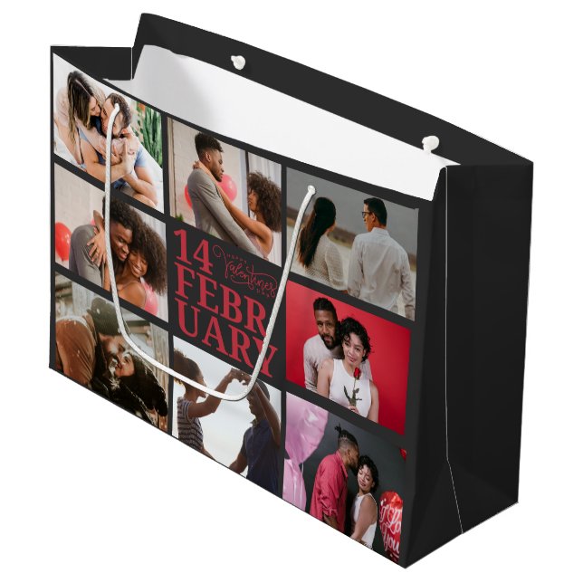 Dark Grey | Custom Photo Happy Valentine's Day Large Gift Bag (Front Angled)