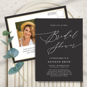 Dark Grey Elegant Script Minimalist Bridal Shower Invitation Postcard