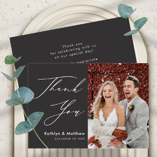 Dark Grey Elegant Script Modern Photo Wedding Thank You Card