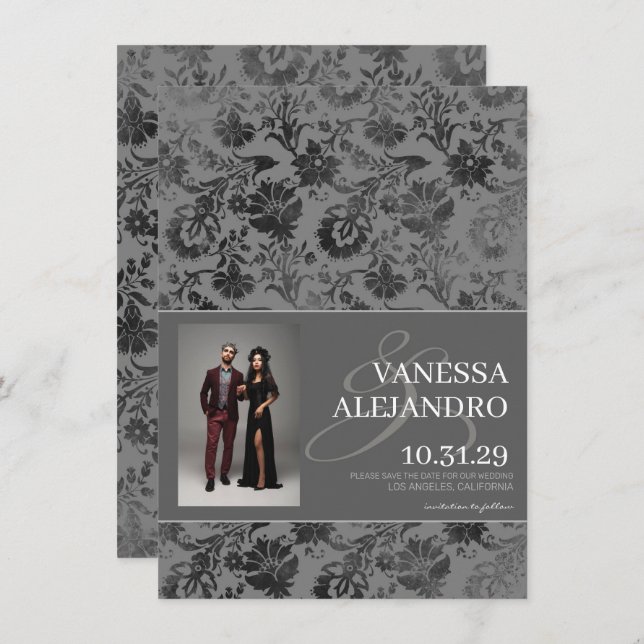 Dark Grey Floral Save The Date (Front/Back)