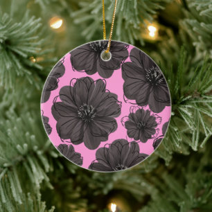 Dark Grey Flowers  Ceramic Ornament